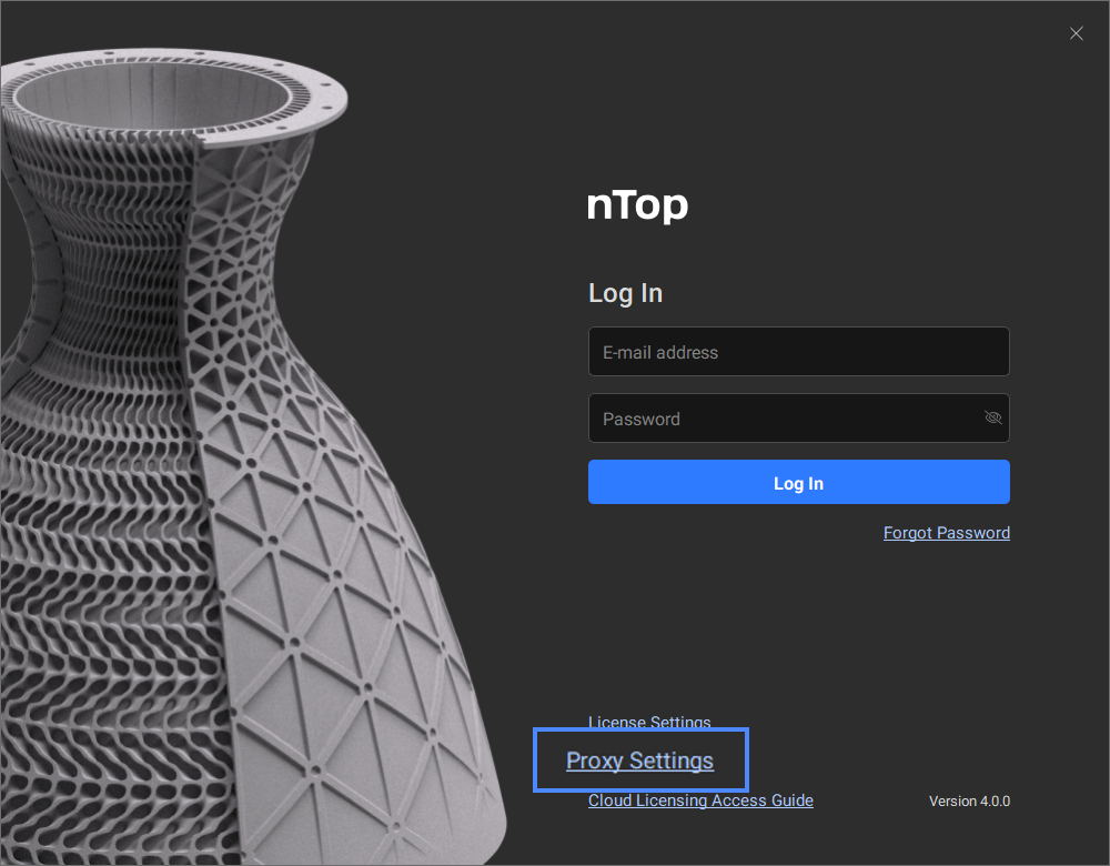 The log in window for nTop. The Proxy Settings link is highlighted at the bottom of the page.