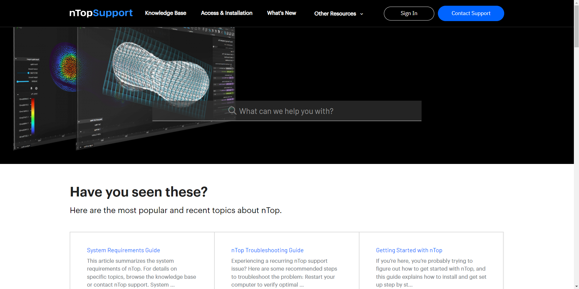 The home page of support.ntop.com. This page has articles that are helpful for performing operations in nTop.