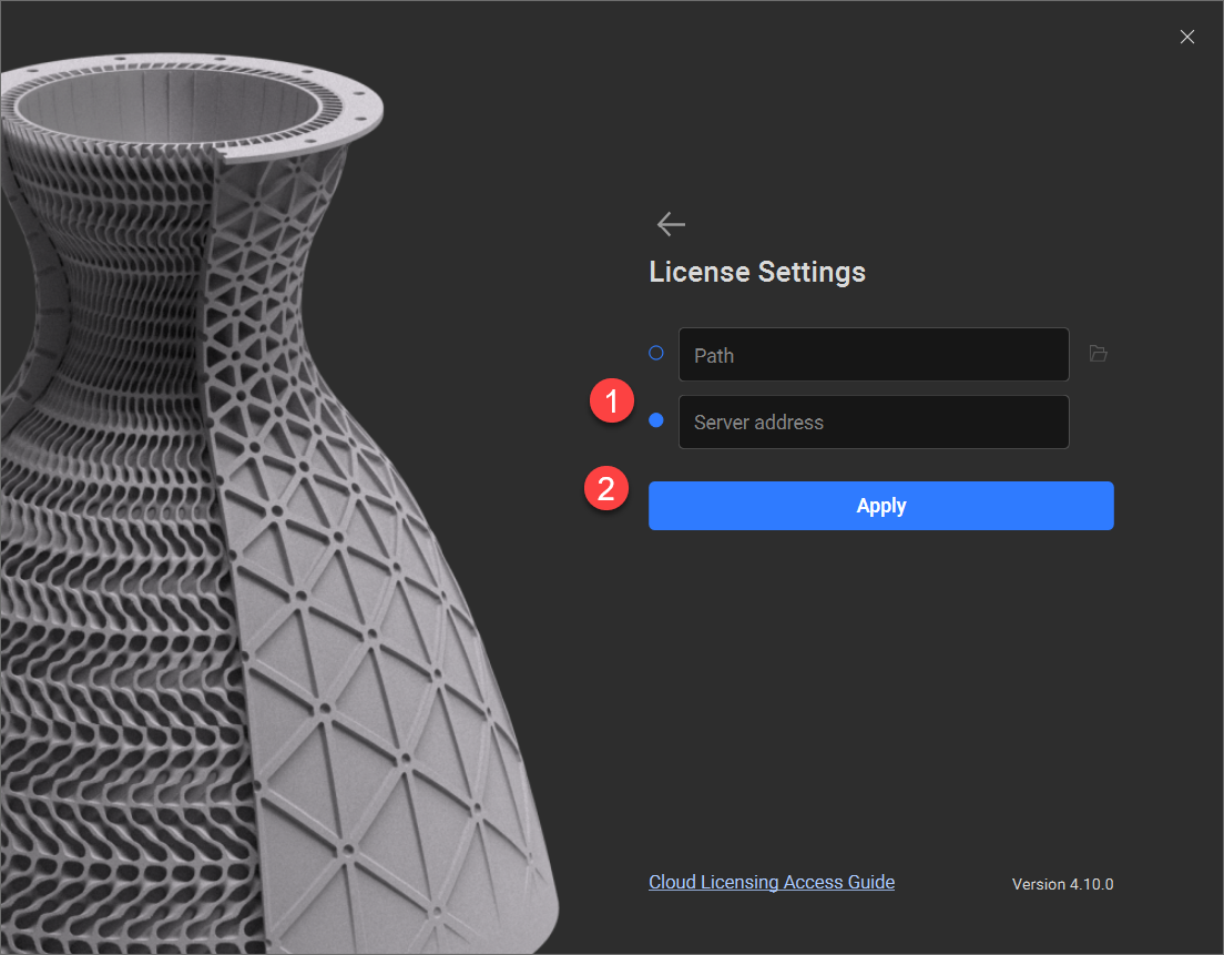 The License Settings menu. Enter your Server address and then click apply.