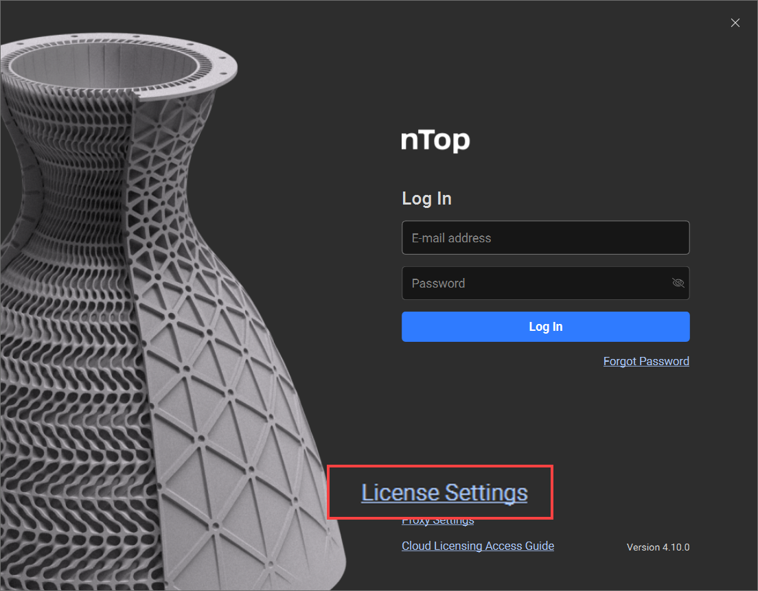 The nTop login window. Select License Settings at the bottom.