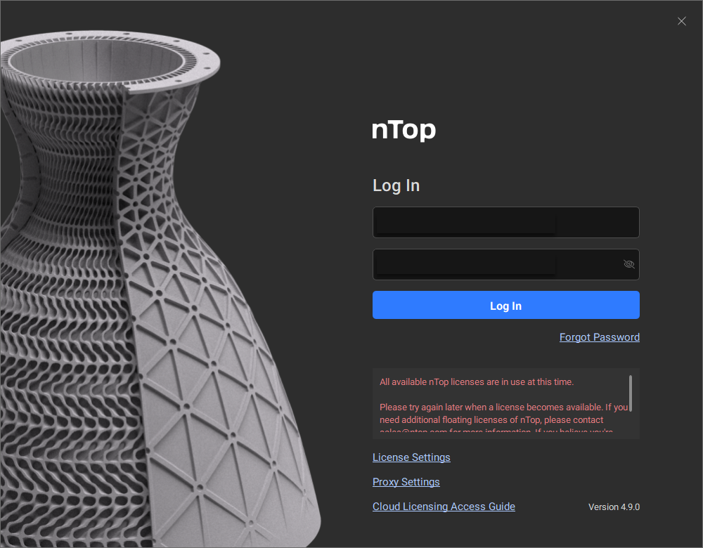 If all nTop licenses are currently in use, nTop will not start up and will instead display a warning message that no licenses are available.
