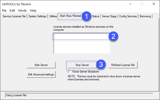 A diagram showing sequentially how to stop an fnp server using LMTOOLS.
