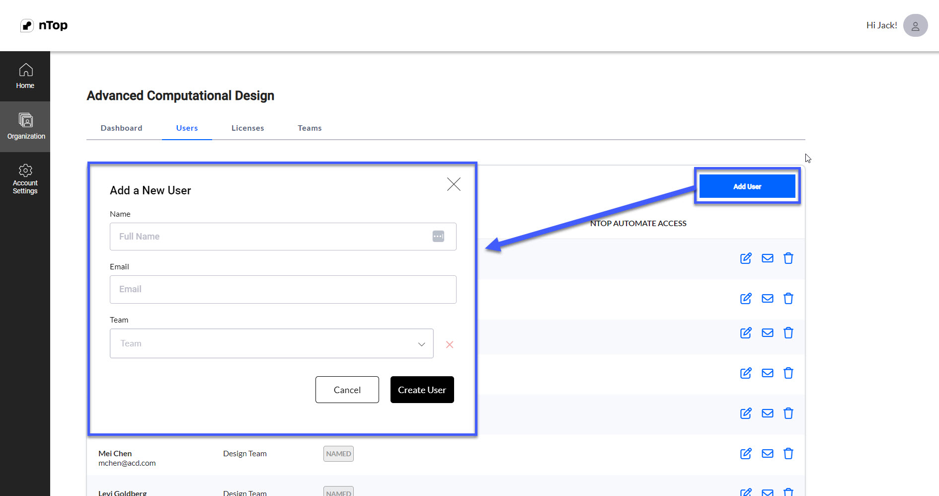 The Add User menu on the organization dashboard on app.ntop.com.