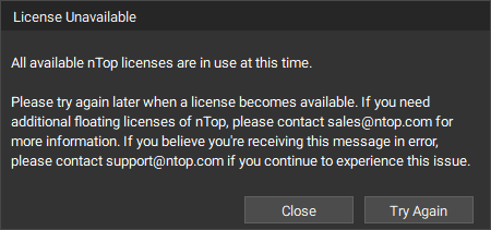 The License Unavailable message that appears when a user tries to login to nTop when all licenses are in use.