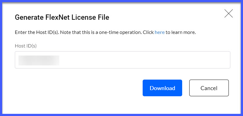 The secondary window to enter the Host ID. Once this is complete you can download the license file.