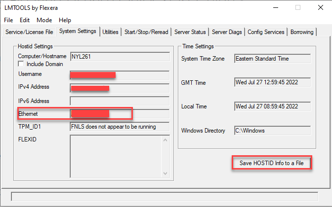 LMTOOLS open to the System Settings tab. Here you can find the host id for your machine.