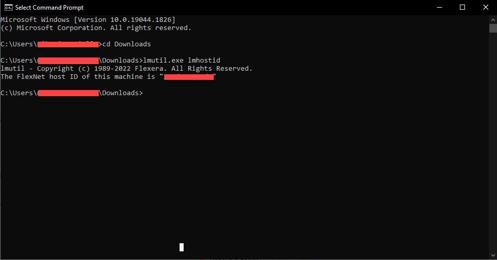 The command prompt window is used to run the lm command to find the host id.