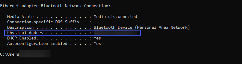 The secondary method for using command prompt to find the devices physical address.