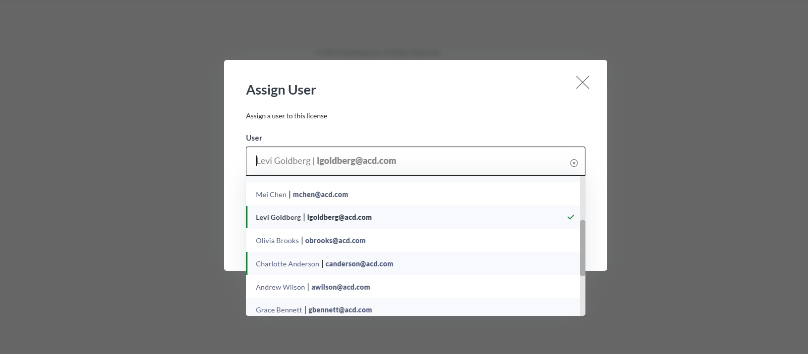 The Assign User window that is used to assign a user to a Named User License.