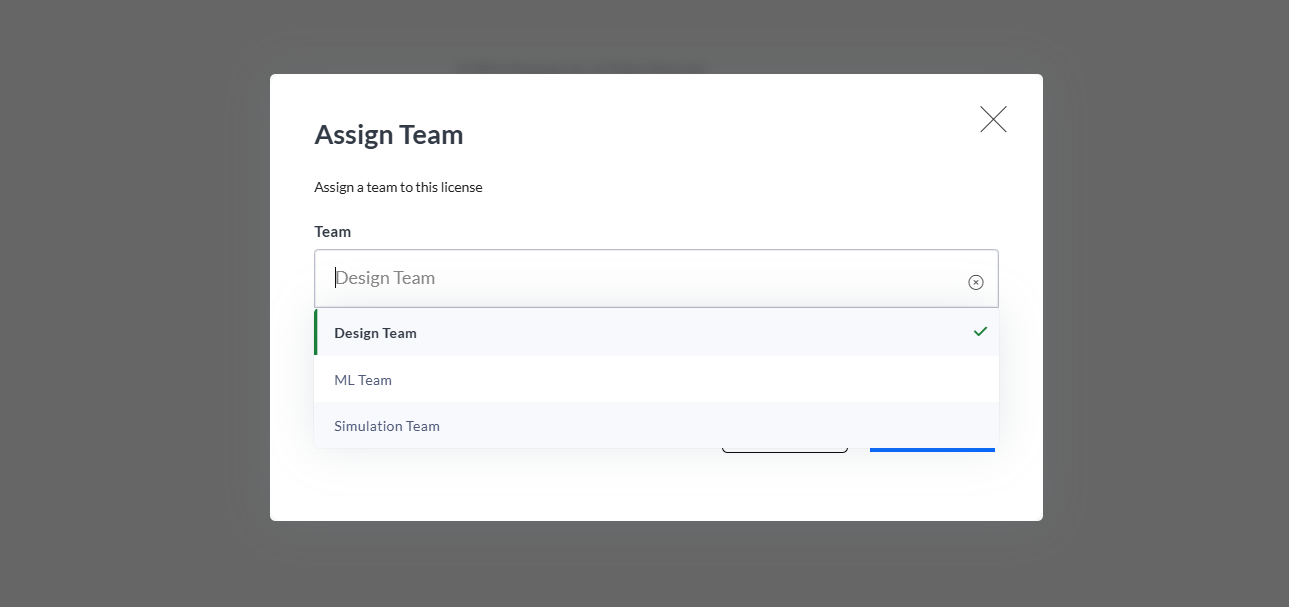 The Assign Team window that is used to assign a team to a floating license.