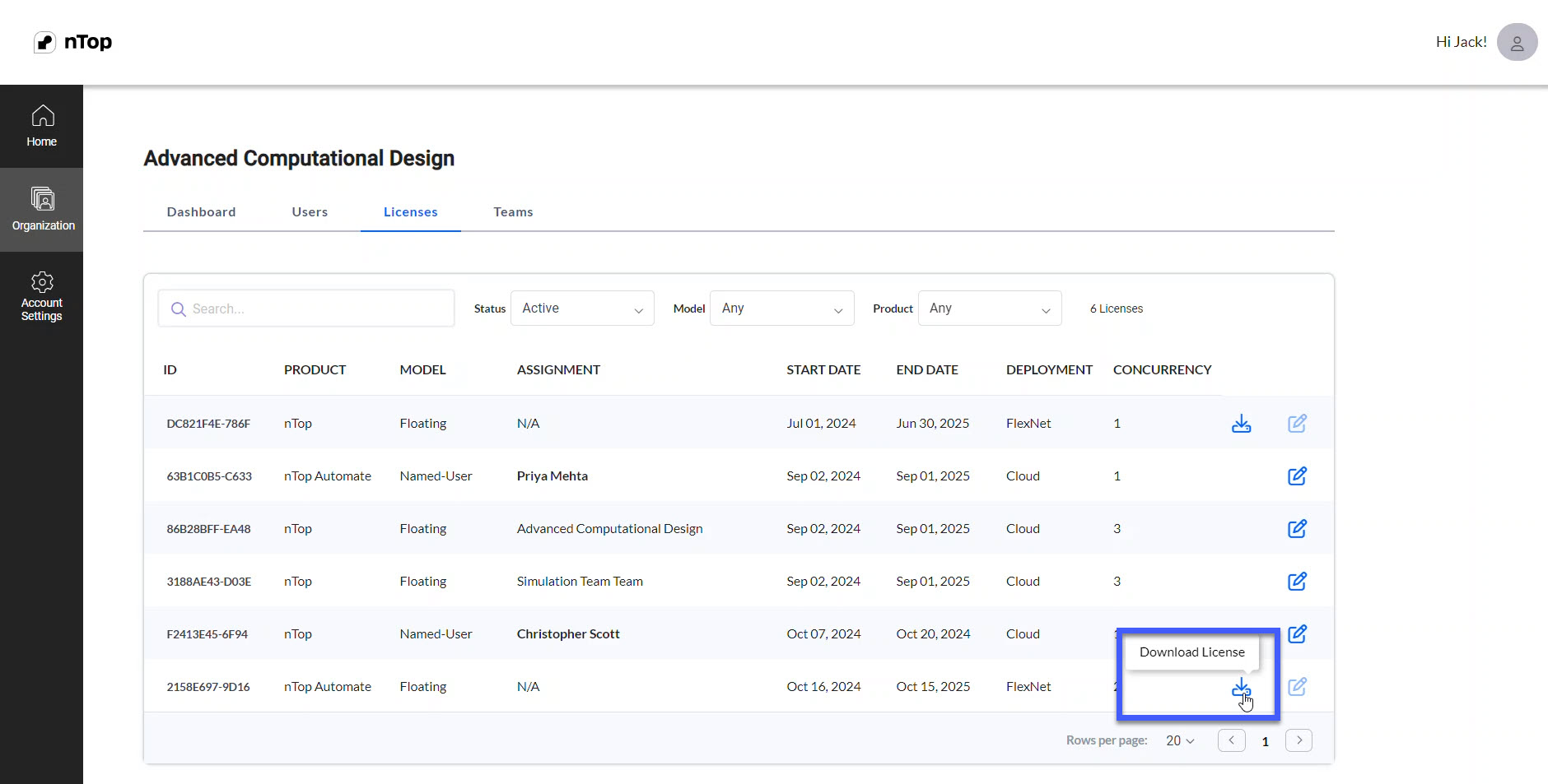 The Flexnet License file can be downloaded from the licenses tab on the organization. 