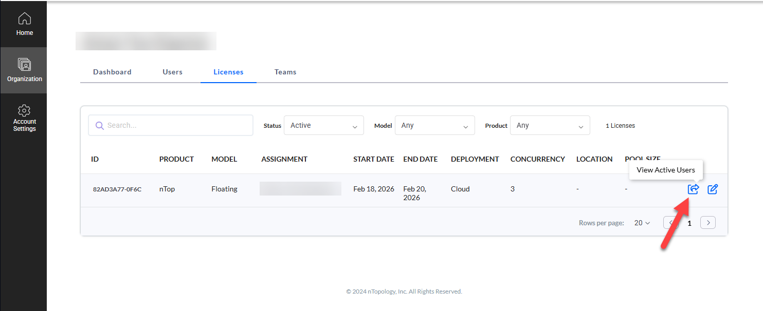 When on the Licenses tab, you can click the arrow button next to a license to view active users of the license.