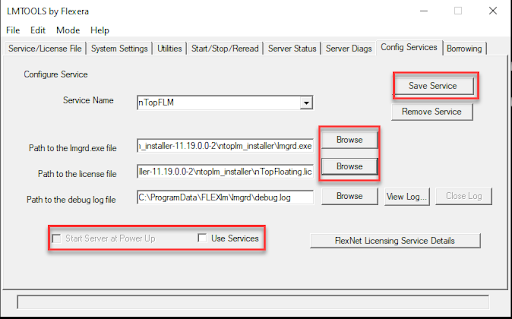 The LMTOOLS menu open on the Config Services tab. Here you can specify the path to the lmgrd and Flexnet License files.