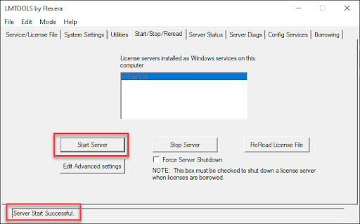 The LMTOOLS menu open to the Start/Stop/Reread tab. Selecting Start Server will start your Flexnet Server. You should see a Server Start Successful message in the bottom left corner.