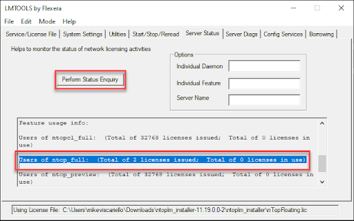 The LMTOOLS menu open to the Server Status tab. Click Perform Status Enquiry to see the current usage info for the Flexnet Licenses.