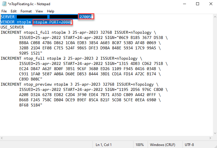 An example FNP license open in Notepad. The highlighted information needs to be added to the license file to ensure it runs correctly.