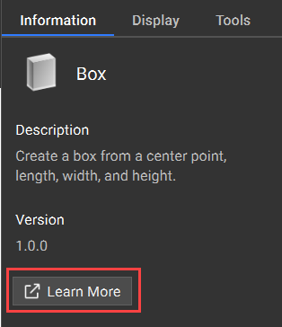 The Learn More button can be found under the information tab of a block in the right side panel.