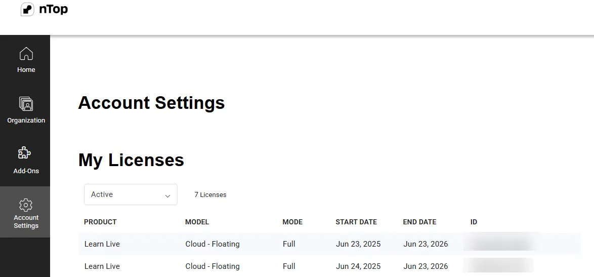 The Account Settings tab of app.ntop.com.