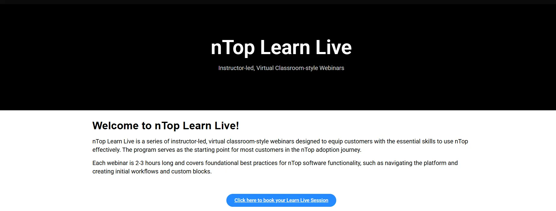 The welcome screen on nTop Learn Live.