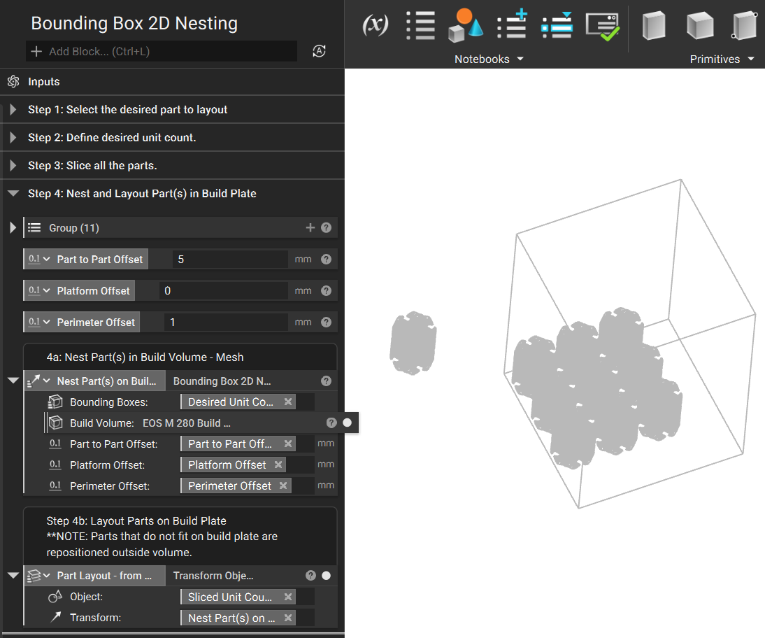 Insert the Slice Mesh block list into the Object input of the Transform Object block. Insert the Bounding Box 2D Nesting block into the Transform input of the Transform Object block. Visualizing the Transform Object block shows the original slice stack and the new slice stacks now located inside the Build Volume bounding box.