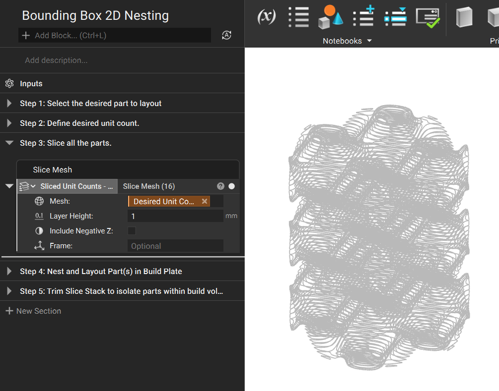 A list of 16 slice stacks created using the Slice Mesh block and inserting the Scale Object mesh list.
