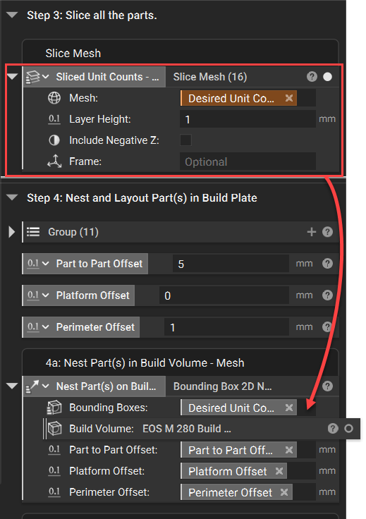 Insert the Slice Mesh block list into the Bounding Boxes input of the Bounding Box 2D Nesting block.