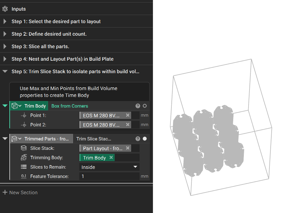 The Trim Slice Stack visualized to show the 9 slice stacks that fit inside the defined Build Volume bounding box.