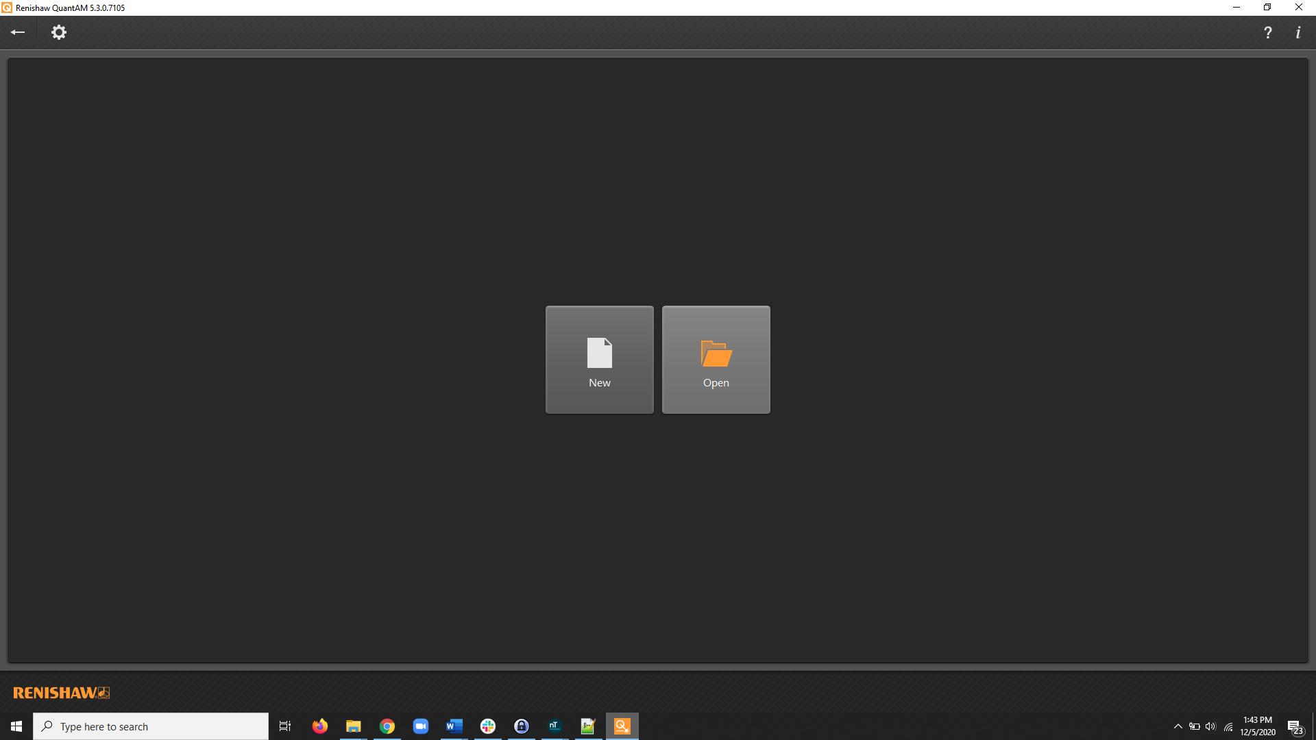 The Renishaw QuantAM program home screen. Select Open, to open the slice stack we created in nTop.