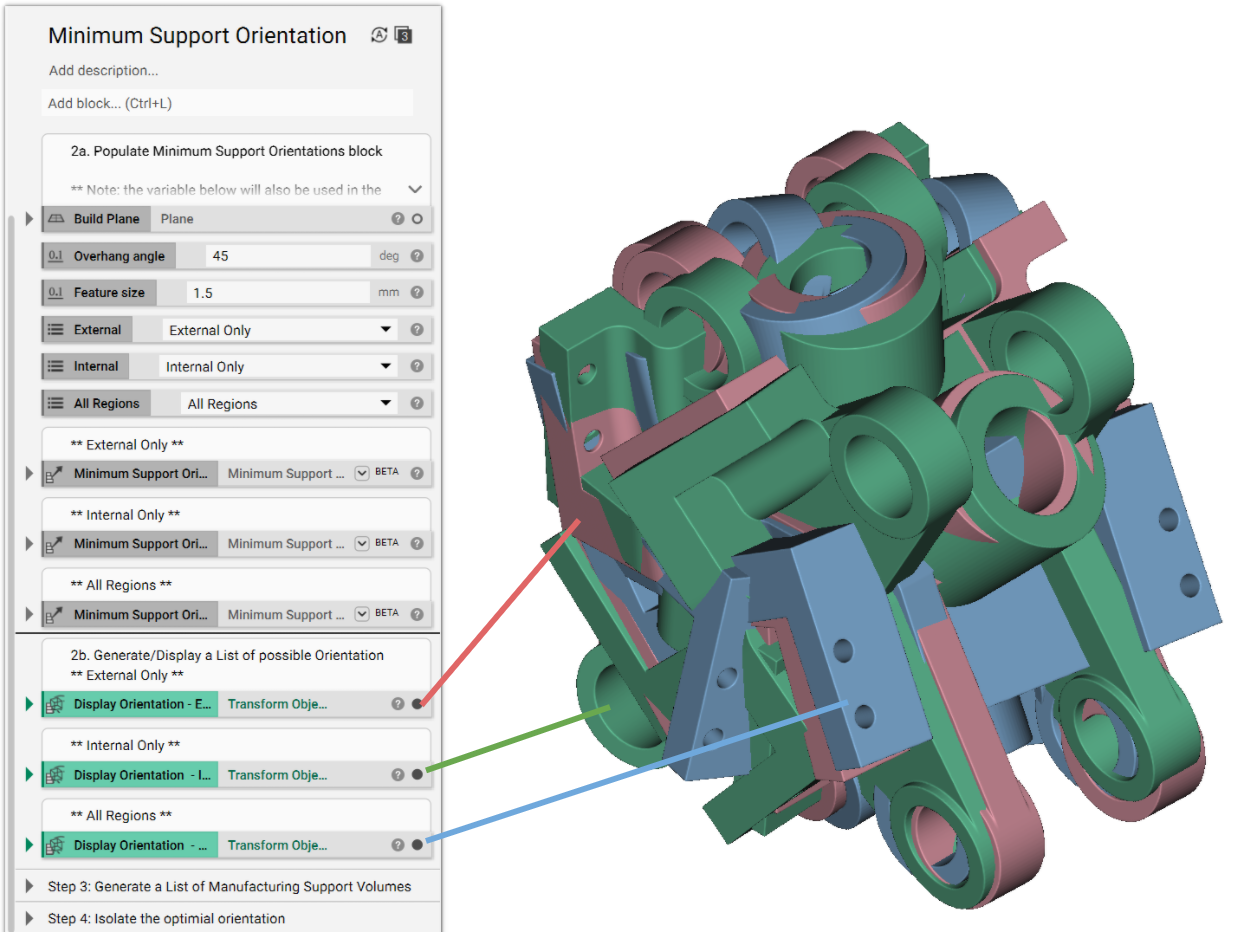 The Transform Object block now has a list of orientation options. There are a handful of possibilities for each Support region selection (External Only, Internal Only, and All Regions)