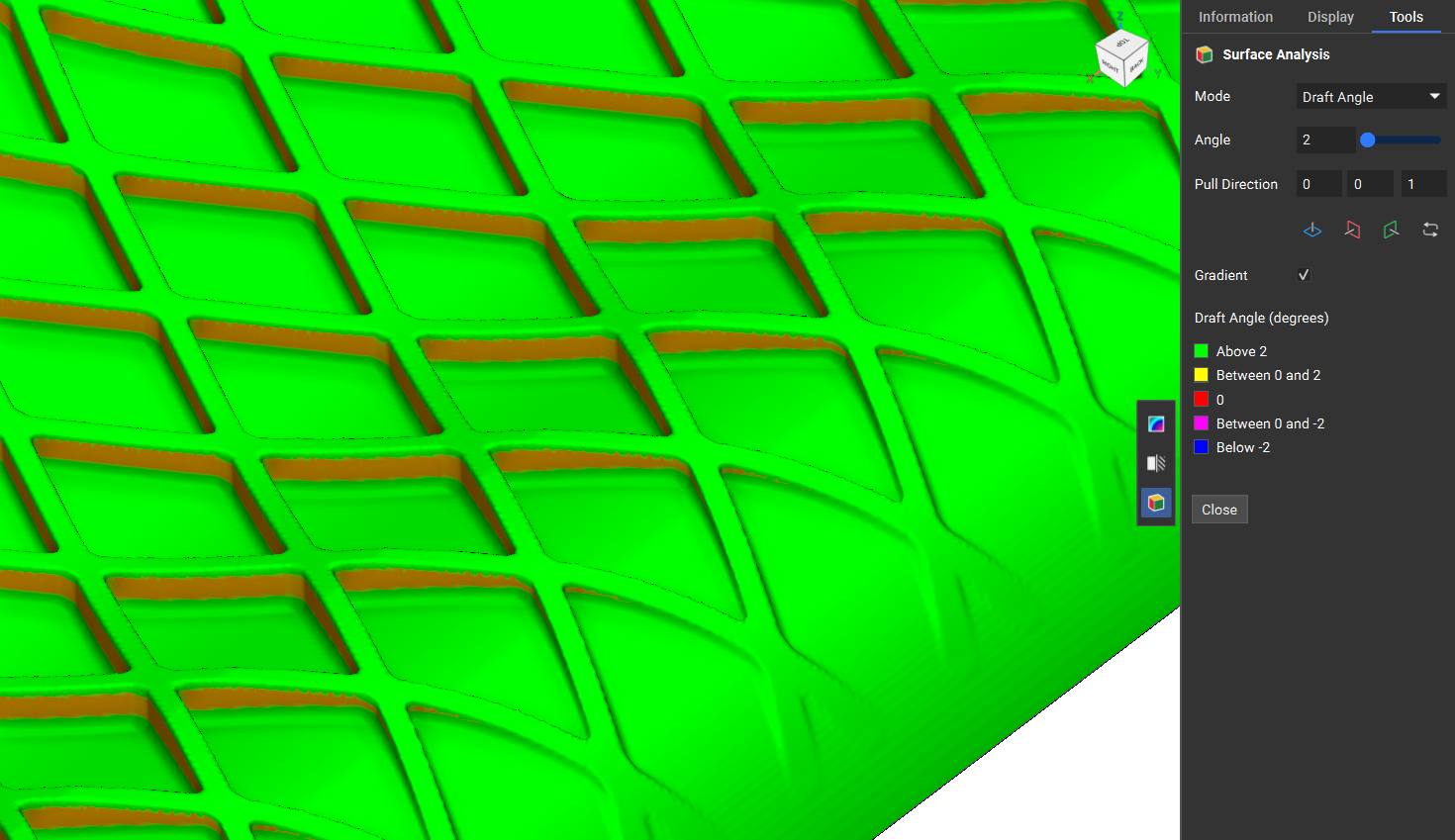 An example of ribs being analyzed with the Surface Analysis tool with the Draft Angle set to 1 degree.