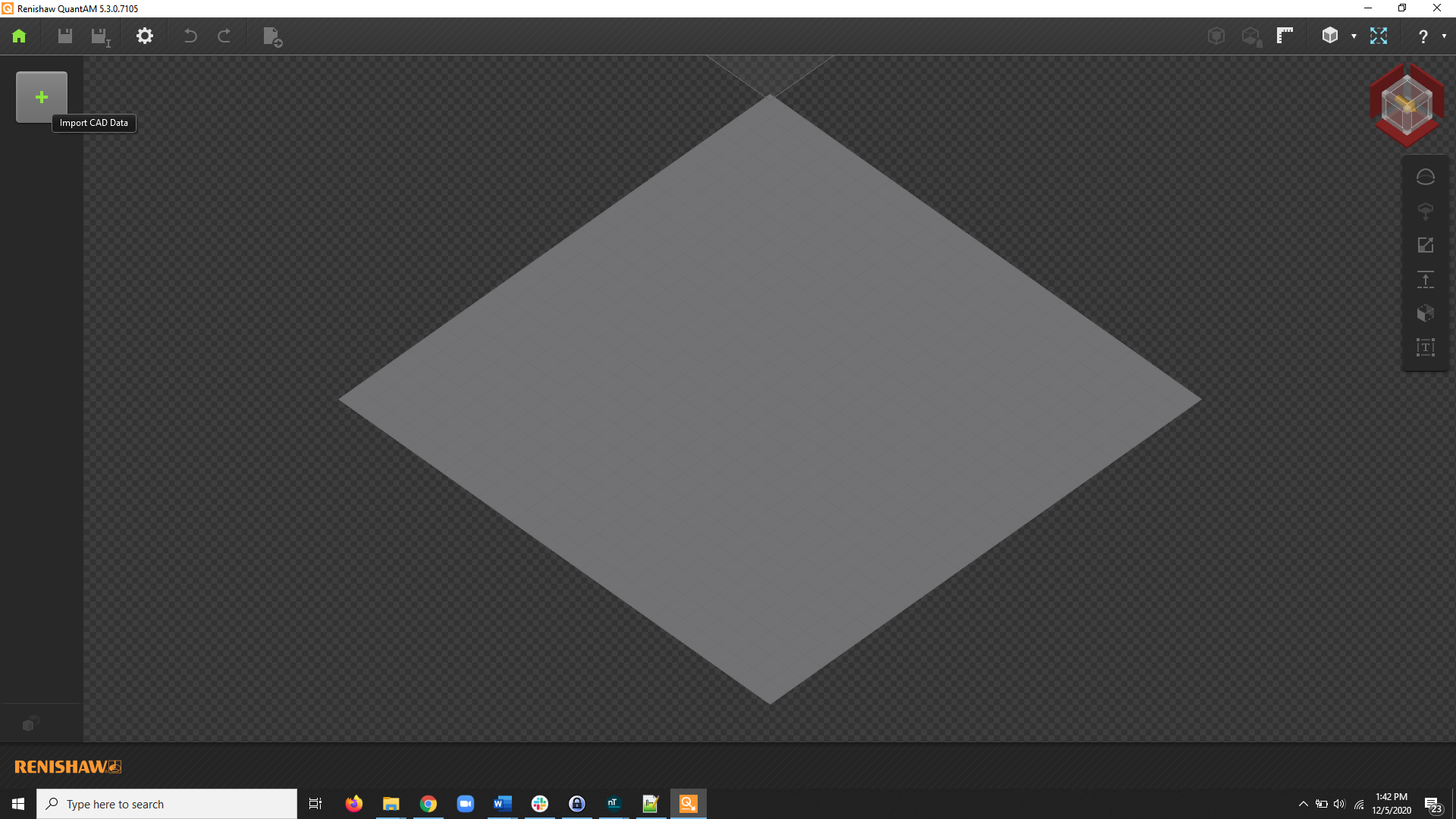 The Renishaw QuantAM program. Click the plus sign on the left side to import the slices.