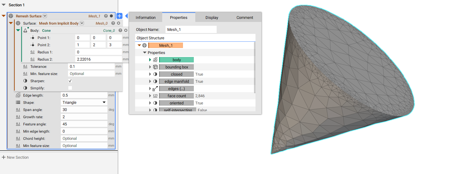 Using a Remesh Surface block on a meshed cone in nTop 4.0.