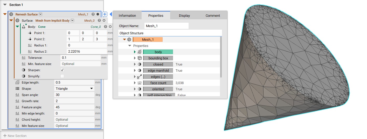 Using a Remesh Surface block on a meshed cone in nTop 3.45.