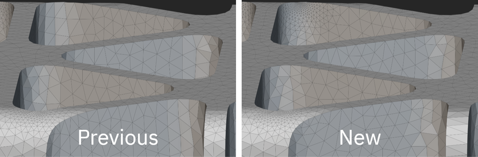 A comparison of using the Remesh Surface block. The mesh on the left is in nTop 4.0 and the mesh on the right is in nTop 5.0.