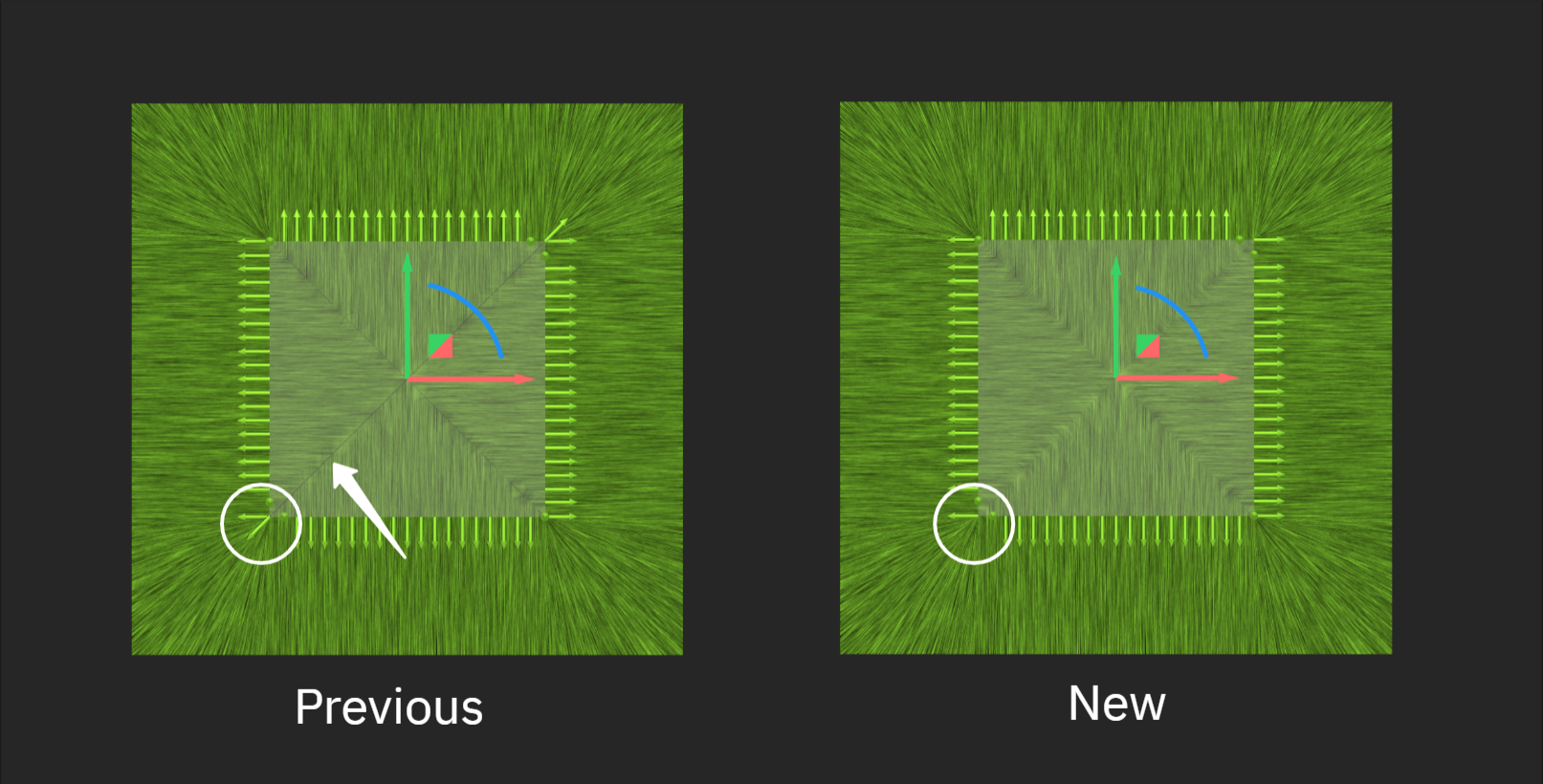 A comparison of fields that have gradient values along medial axes. The field on the left is in nTop 4.0 and the field on the right is in nTop 5.0.