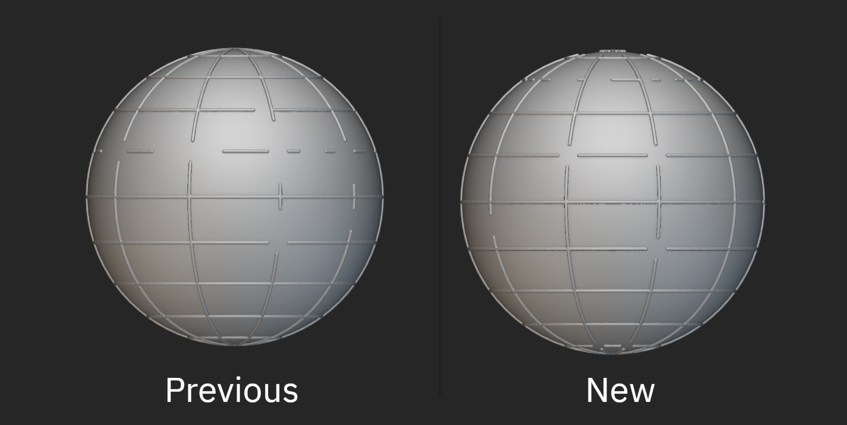Result of trimming a lattice where beams lie exactly on the trimming surface of a sphere in nTop 4.0 (left) and nTop 5.0 (right)