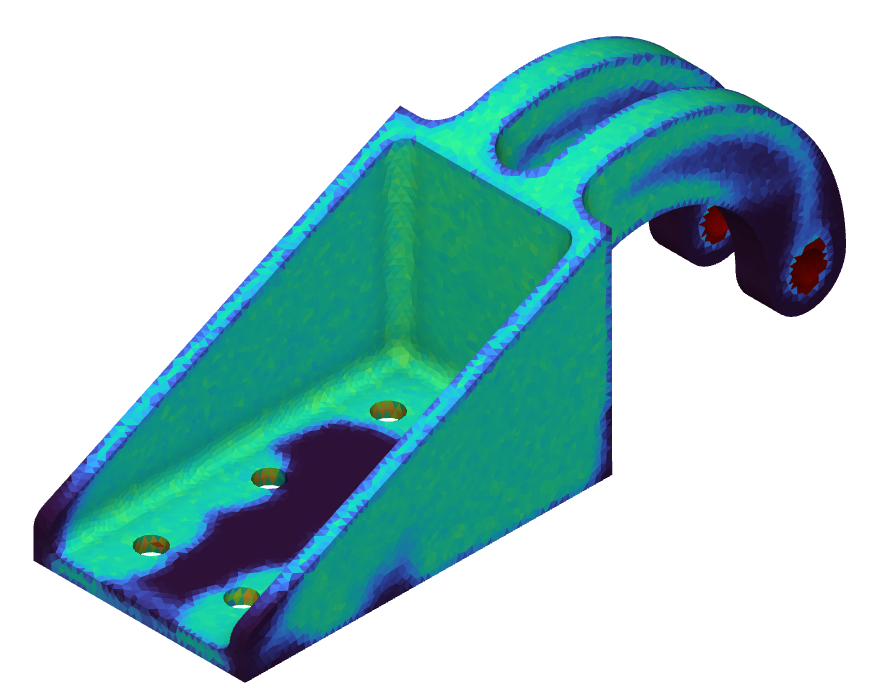 Topology Optimization results of a bracket, run using nTop 3.42. The geometry in green was kept while the dark blue is removed.
