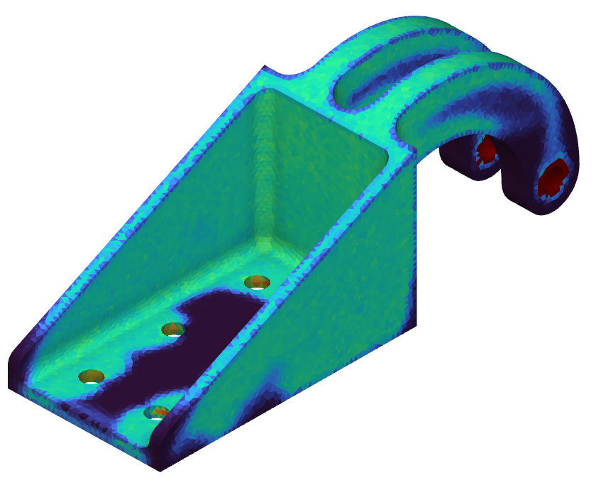 Topology Optimization results of a bracket, run using nTop 3.44. The geometry in green was kept while the dark blue is removed.