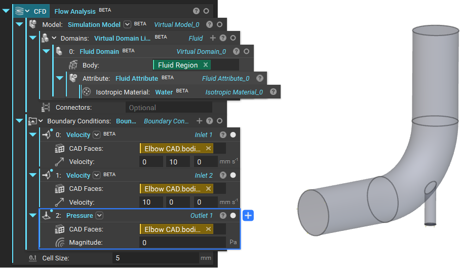 An example setup of a Flow Analysis including boundary conditions and the Simulation Model