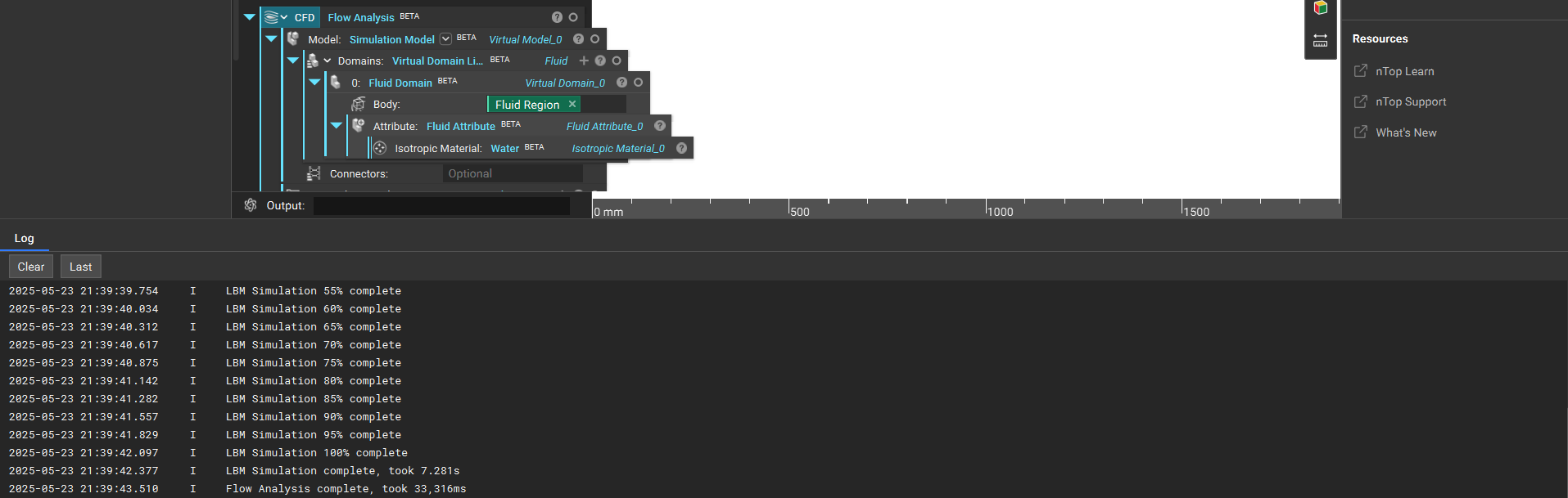 The log panel in nTop displaying each calculation step of the Flow Analysis process