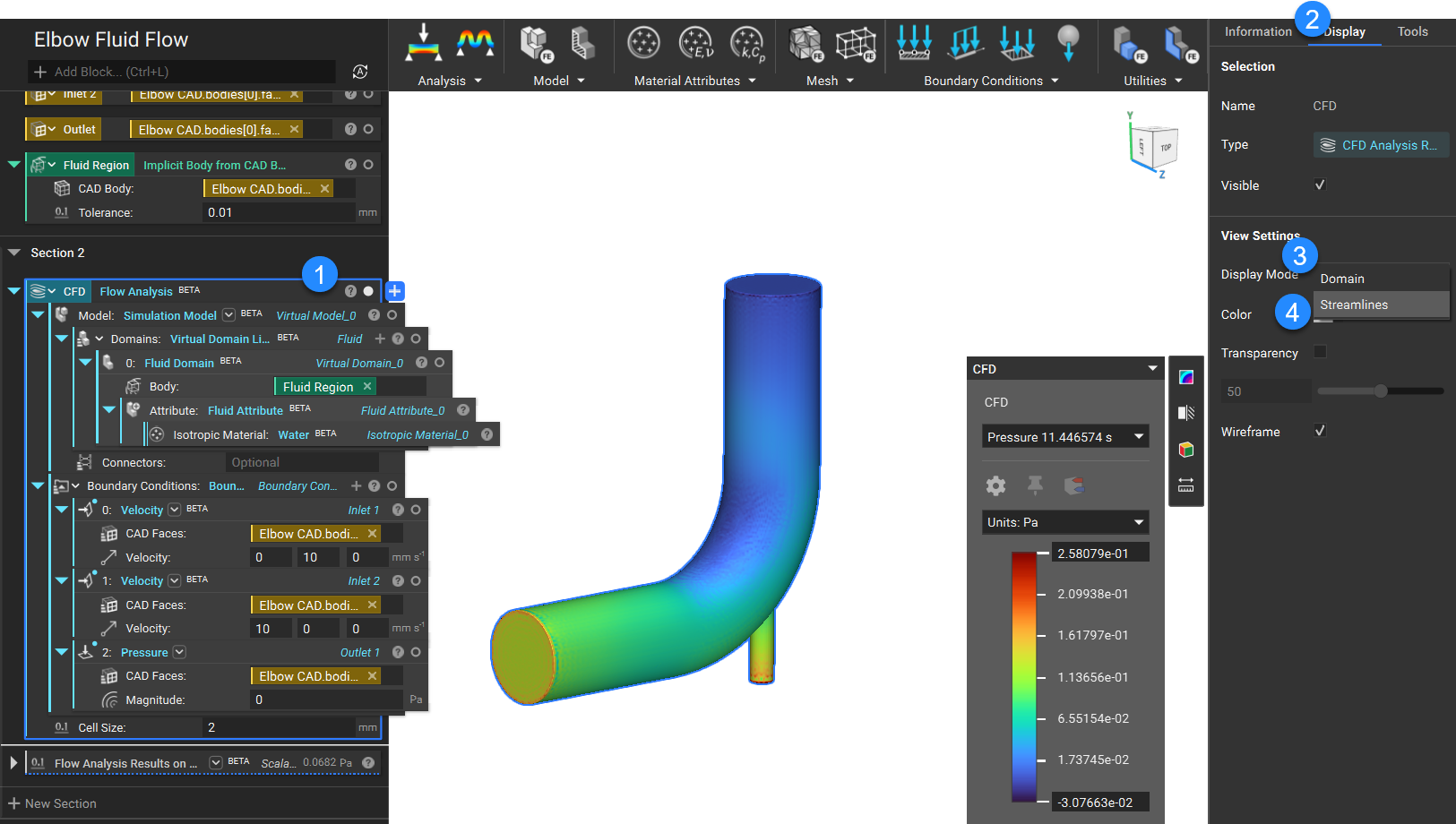 Flow analysis results example with blue number bubbles to indicate how to change the display settings