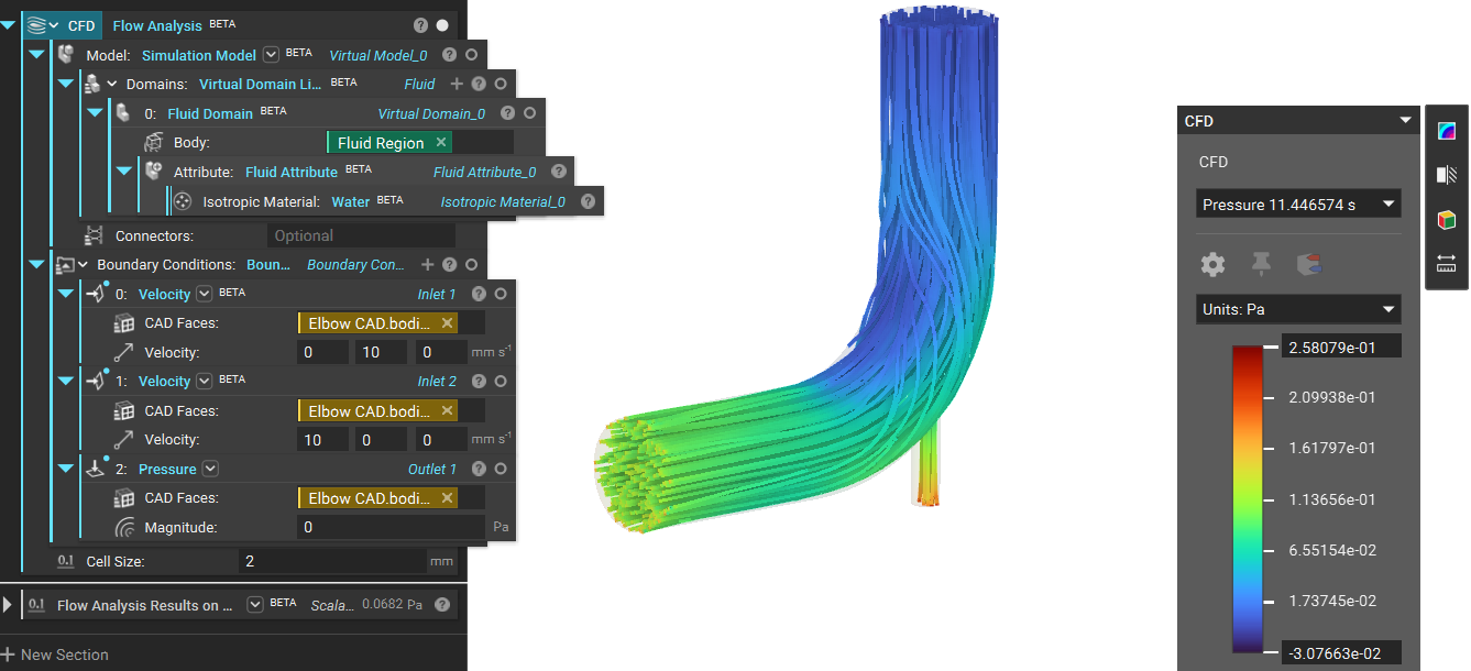 Visualized results of an example flow analysis with the display set to Streamlines