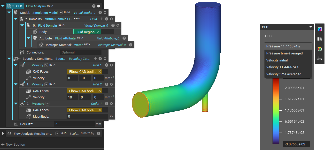 Visualized results of an example Flow Analysis through a pipe