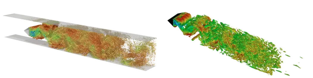 A comparison of isosurfaces of the Q-criterion colored by the velocity magnitude between nTop Fluids on the left, and Ansys Fluent GPU FVM on the right