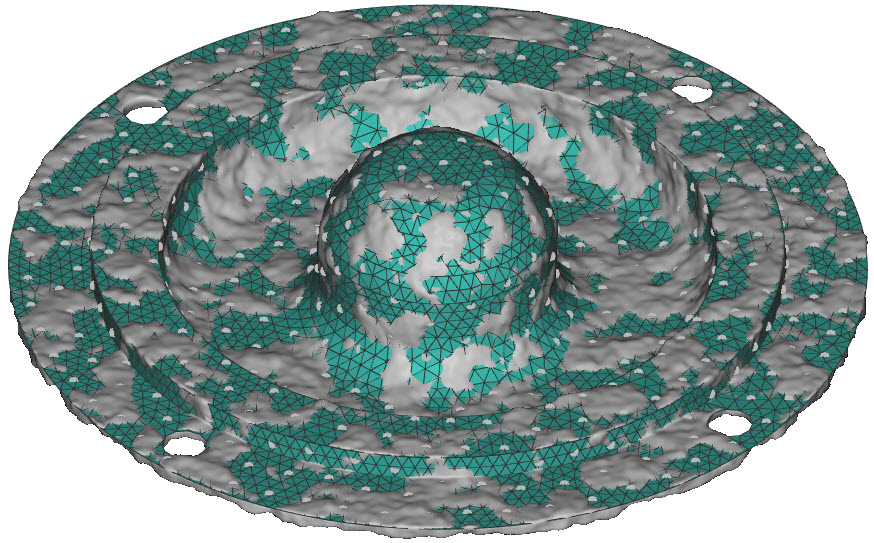 The same mesh and random points as above. The implicit body used to generate the mesh is overlayed. The implicit has a texture applied using the Surface Roughness block.