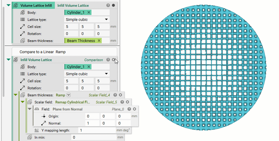 a comparison of the quadratic ramp we just made with a linear ramp of the same values (the pink lattice is the linear ramp).
