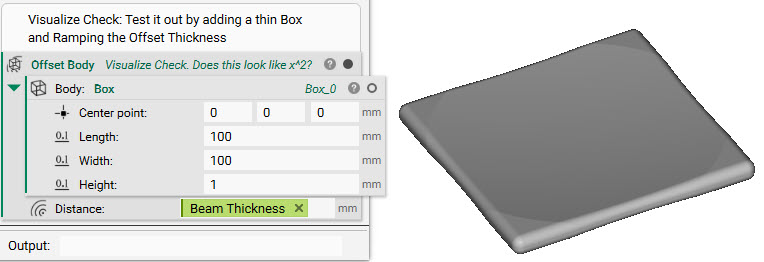  The image is a test to see if the x^2 ramped scalar field applies correctly. An Offset Body block is applied to a box, with the ramped scalar field applied to the offset distance. The resulting box has a curvature applied to its face, indicating the x^2 equation was successful.