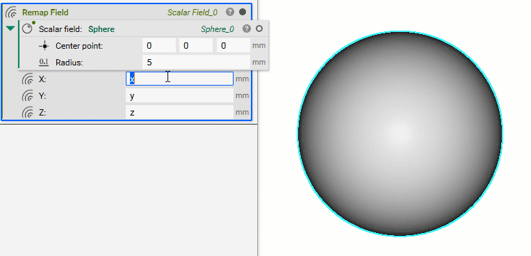 A gif showing how to use the Remap Field block to modify a Sphere