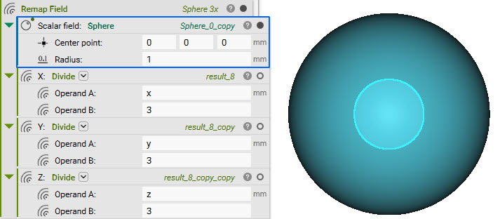 A small sphere that has been remapped using Remap Field. The result is a sphere that has been scaled by 3 in the x, y, and z directions.