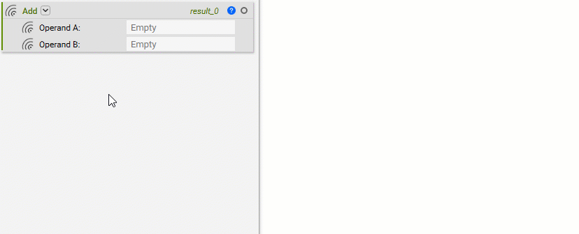 A gif showing how once the operand inputs of an Add block are populated, the result can be found in the upper corner of the block. The result is also shown in the block's properties panel.
